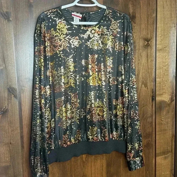 Vintage Ms. Bind plus size Womes 2x long sleeve disco blouse metallic floral - Picture 9 of 9
